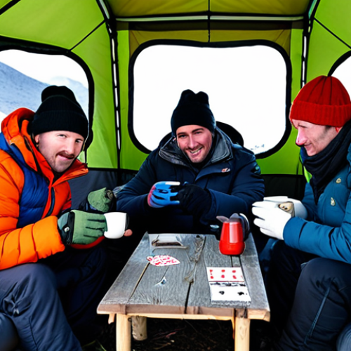 Home 18 **
"A group of fully clothed campers inside a well-ventilated winter camping tent. A safe and reliable diesel heater is running, providing warmth. There is a carbon monoxide detector visible. People are drinking tea and playing cards, warmly dressed in hats and gloves. Appropriate winter camping gear is visible. Safe for work, family-friendly, professional photography, perfect anatomy, natural proportions, high quality."
**