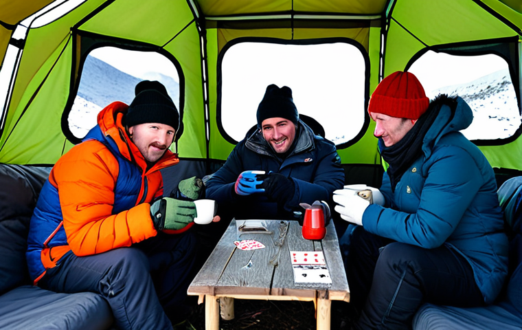 **

"A group of fully clothed campers inside a well-ventilated winter camping tent. A safe and reliable diesel heater is running, providing warmth. There is a carbon monoxide detector visible. People are drinking tea and playing cards, warmly dressed in hats and gloves. Appropriate winter camping gear is visible. Safe for work, family-friendly, professional photography, perfect anatomy, natural proportions, high quality."

**
