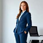 ** A businesswoman in a professional, modest pantsuit, standing in a brightly lit office. Safe for work, appropriate content, fully clothed, professional, perfect anatomy, natural proportions, high quality.

**