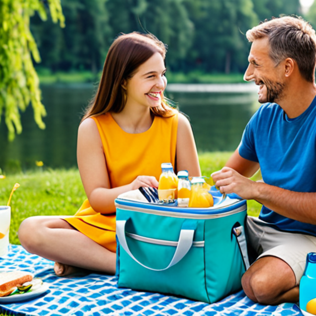 아이스박스 선택 기준 - **Prompt:** A vibrant, sunny outdoor picnic scene by a picturesque lake or in a green park. In the f...