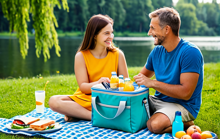 아이스박스 선택 기준 - **Prompt:** A vibrant, sunny outdoor picnic scene by a picturesque lake or in a green park. In the f...