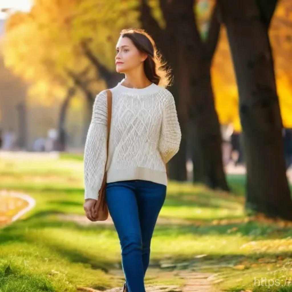초보자를 위한 레저 사진 촬영법 - **Prompt:** A young woman, wearing a stylish, modest long-sleeved sweater and comfortable jeans, is ...