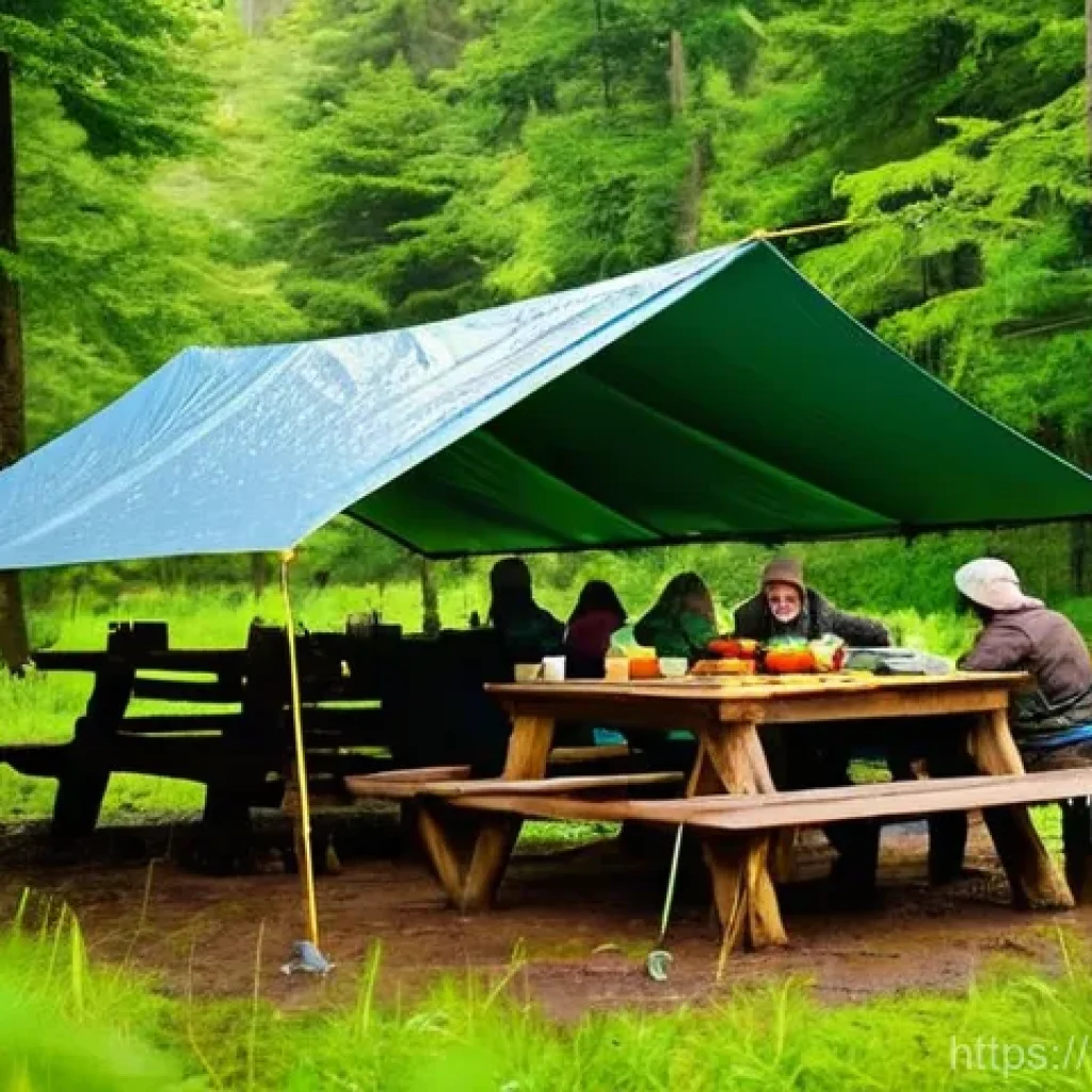 타프 활용법 - **Prompt: A serene and cozy outdoor kitchen setup under a vibrant, waterproof tarp on a slightly rai...