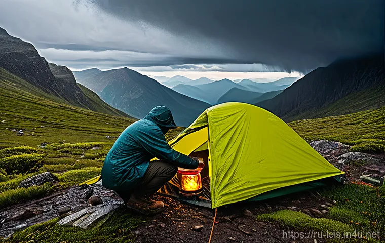타프 활용법 - **Prompt: A serene and cozy outdoor kitchen setup under a vibrant, waterproof tarp on a slightly rai...