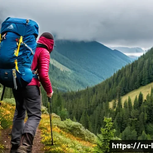 등산 초보자가 알아야 할 기본 규칙 - A detailed scene of a novice hiker adjusting a medium-sized 40-50 liter hiking backpack with a waist...