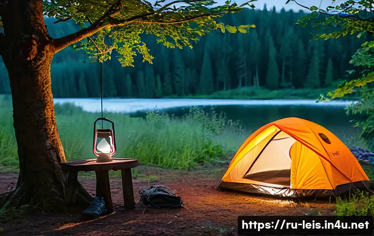 오토캠핑 준비 가이드 - A serene autokemping scene in a lush Russian forest clearing at dusk, featuring a waterproof tent wi...