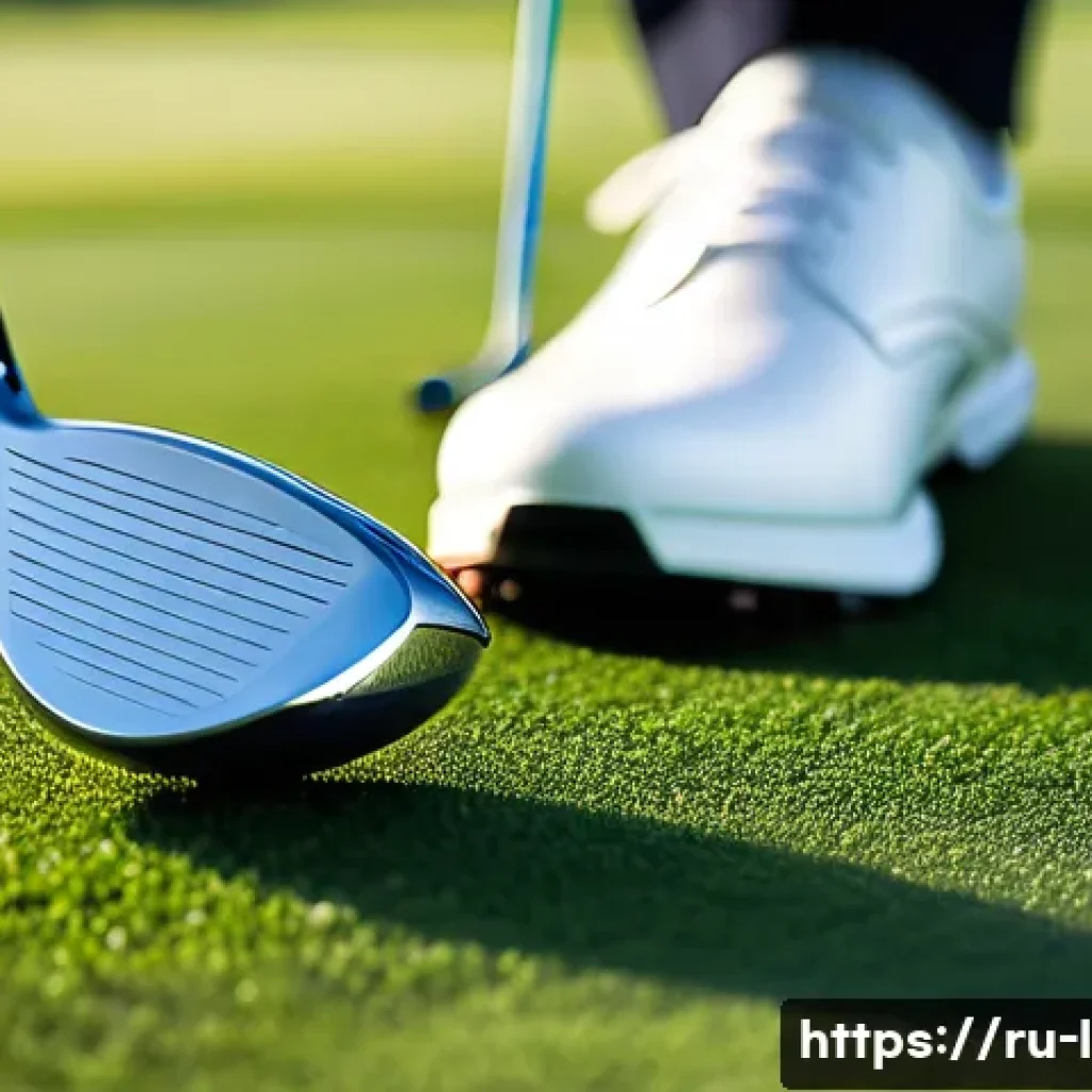 골프채 종류와 사용법 - A detailed close-up of a modern golf driver club resting on lush green grass at a golf course tee bo...