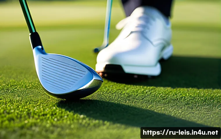 골프채 종류와 사용법 - A detailed close-up of a modern golf driver club resting on lush green grass at a golf course tee bo...