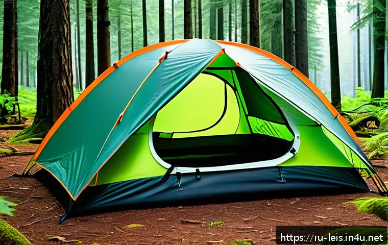 캠핑 텐트 추천 및 가격 비교 - A lightweight ultralight backpacking tent pitched in a dense green forest during early morning mist,...