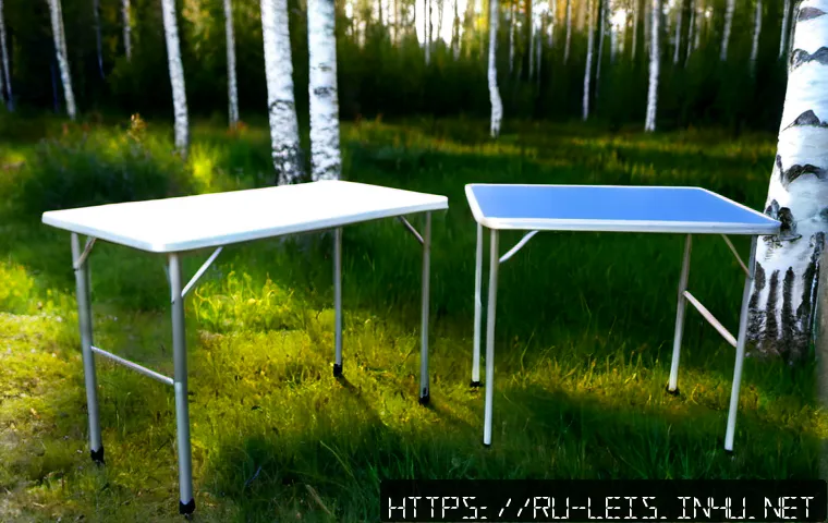 Home 17 캠핑 테이블 선택 요령 - Photorealistic outdoor camping gear comparison on a peaceful Russian birch-forest campsite, three un...