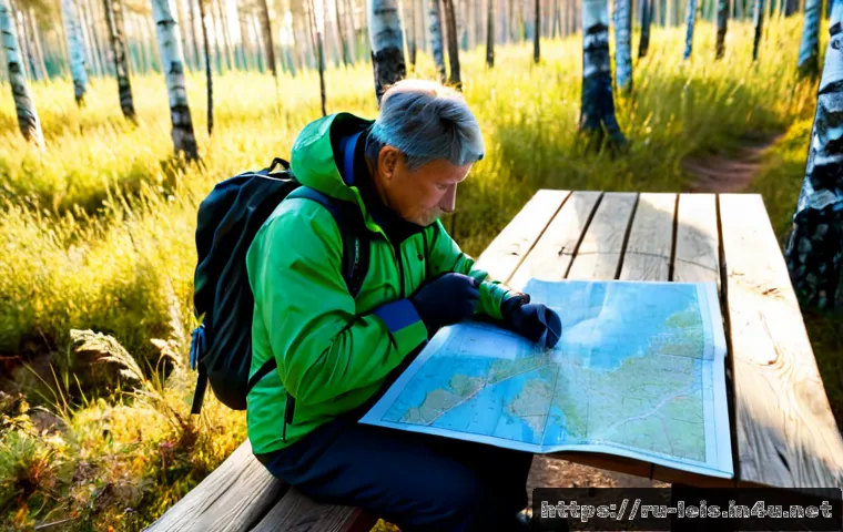 Home 17 아웃도어 지도 읽는 법 - Photorealistic overhead close-up of a middle-aged hiker in a waterproof jacket using a folded topogr...